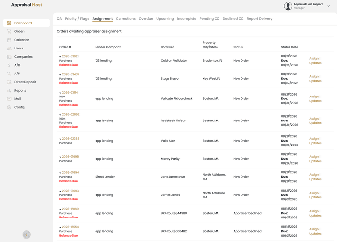 Appraisal Host order management dashboard